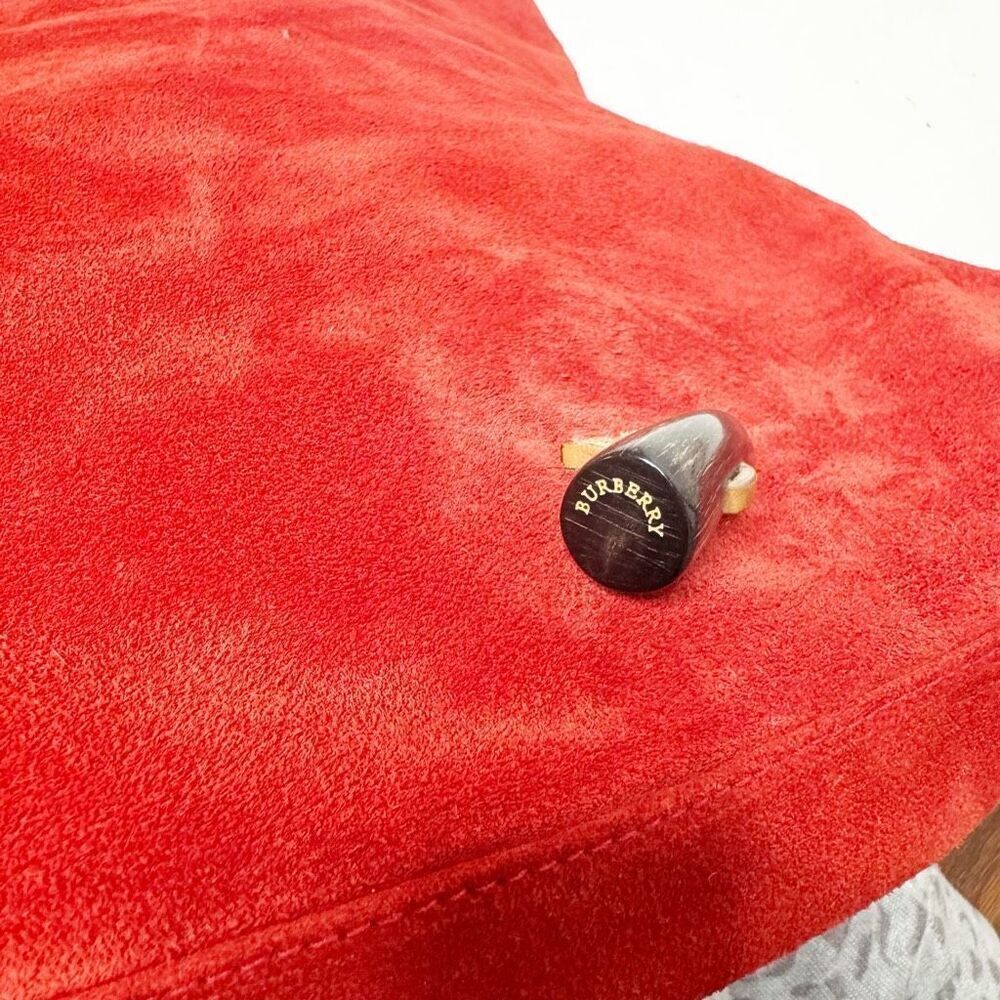 BURBERRY Suede Haymarket Check Horn Toggle Braided Leather Shoulder Bag Red - Picture 14 of 14
